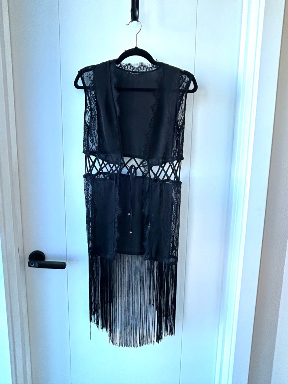 bebe Black Lace Fringe Open-Front Vest - Picture 2 of 8